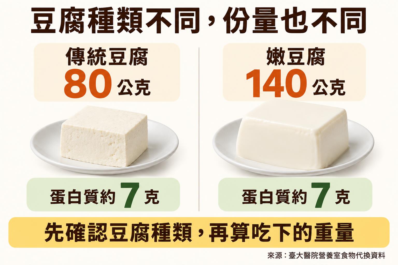 傳統豆腐 80 公克與嫩豆腐 140 公克的份量比較，各約含 7 克蛋白質。